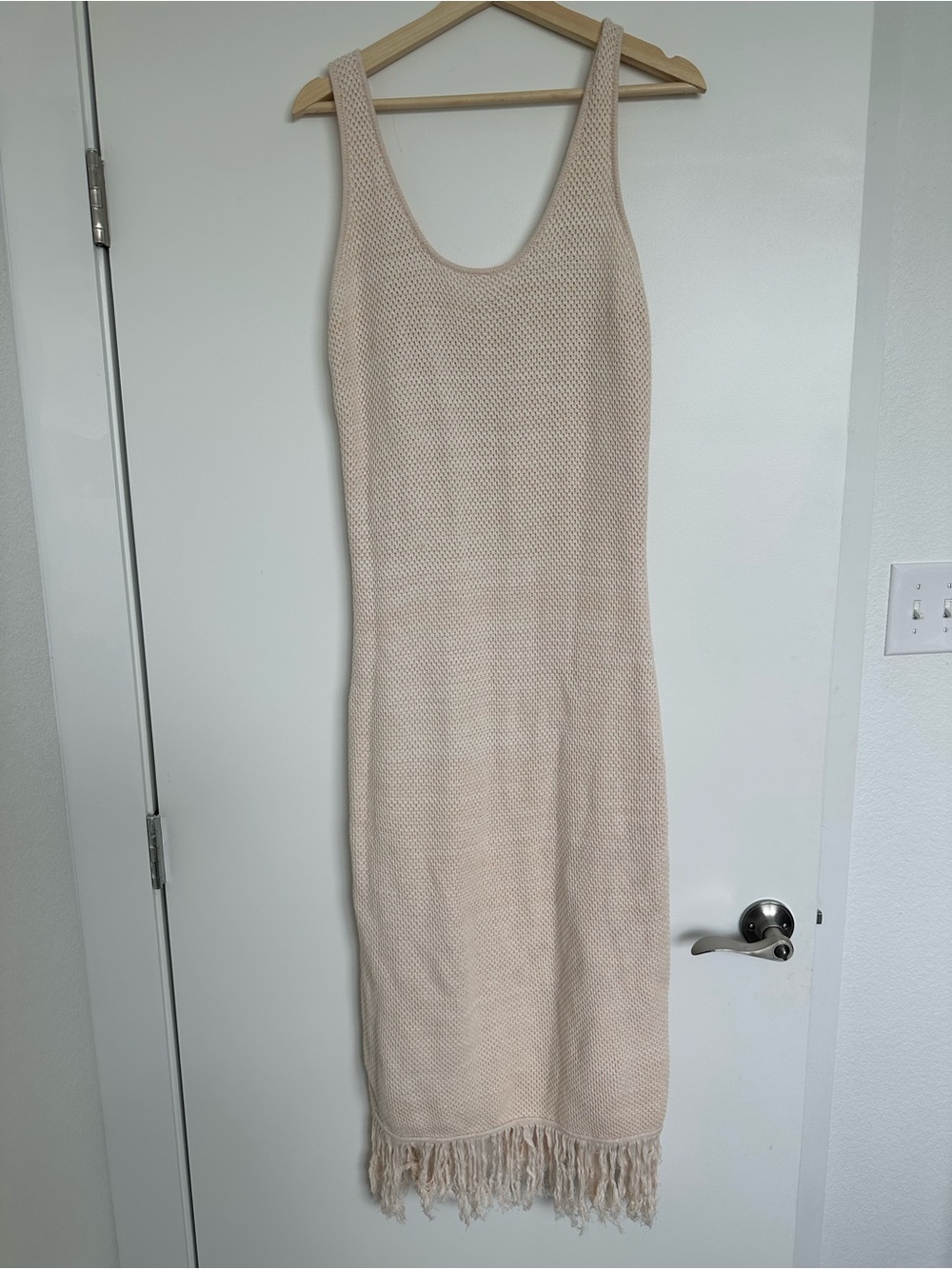 Sleeveless Knit Fringe Maxi Dress in Cream